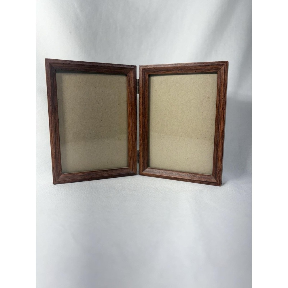 Vintage Bifold 5"x7" Wood Brown Double Picture Frame Side by Side Desktop Office